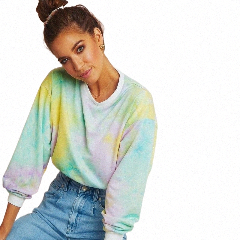 

women's Hoodies & Sweatshirts Women Casual Tie-dyed Print Chic Long Sleeves Short Striped Batik Sweatershirt Blouse Cotton Individuality Top a3e0#, Sky blue