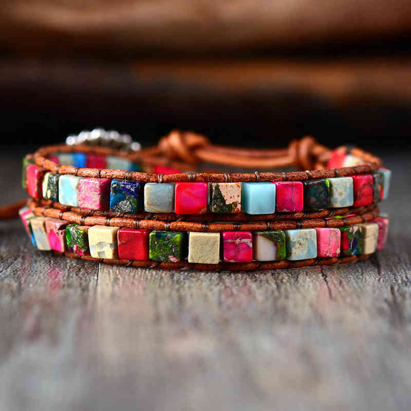 Bangle Designer Jewelry Boho Women High End Mix Natural Stone Vintage 2 Strands Leather Wrap Weaving Bead Bracelets Handmade