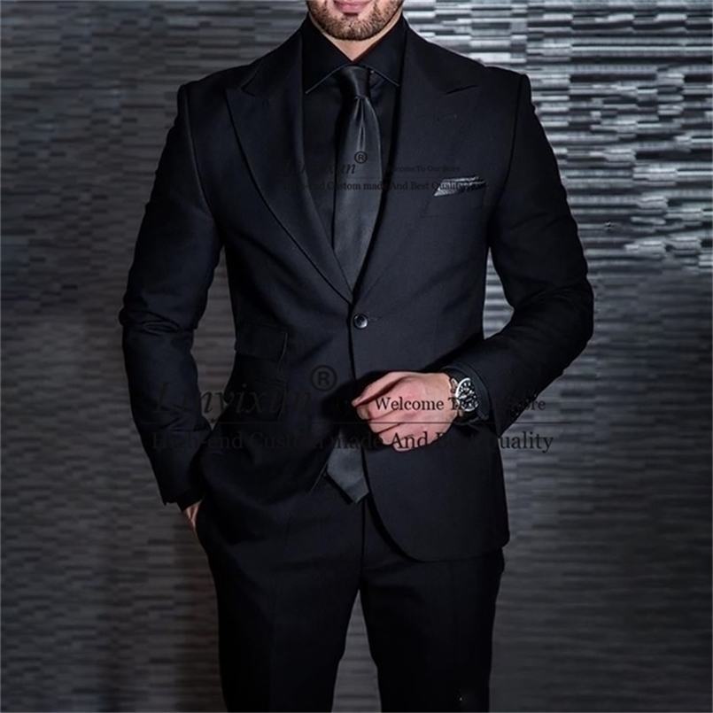 Classic Black Mens Suits Lapel Business Blazer Slim Fit Wedding Groom Tuxedo Banquet 2 Piece Set Jacket Pants Costume Homme 220817