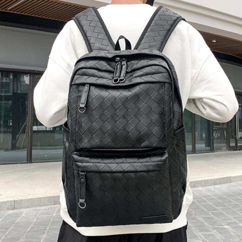 

Backpack Solid Black Men's Weave Leather Travel Backpacks Male Waterproof School Women Large Capacity Laptop Bag PackBackpack, Hb 1825