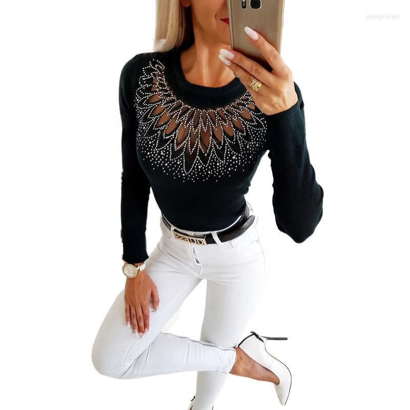T-shirt Femme Femmes Élégantes O Cou Diamants Blouse Cloutée Sexy Dames Solide Creux Pull Tops Printemps Manches Longues Slim Fit Chemise BL