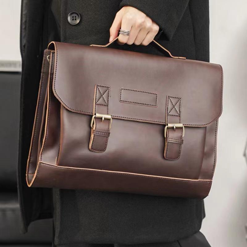 

Briefcases Men's Bag Crazy Horse Leather Large Capacity Men Handbag Vintage Laptop Business Shoulder MaleBriefcases, Black