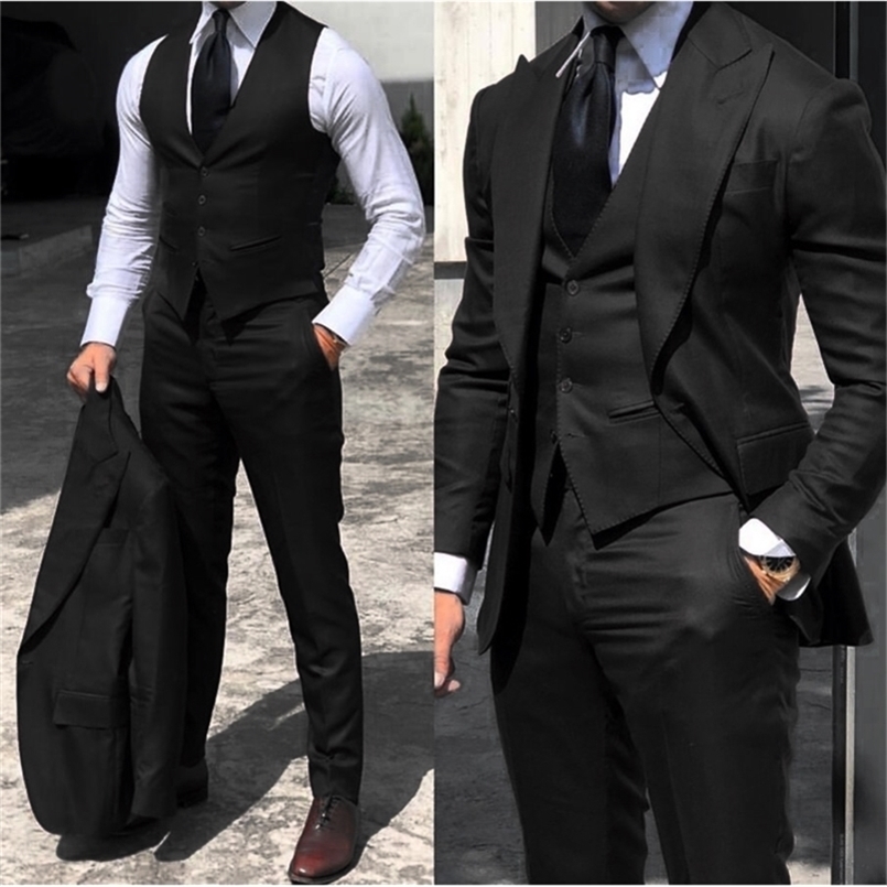 Noir classique hommes costume 3 pièces smoking revers garçons d'honneur costumes de mariage ensemble mode hommes affaires blazer veste pantalon g