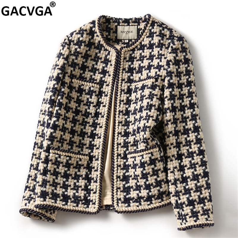 

GACVGA Elegant Weave Plaid Women Blazer With Pocket And Lining Autumn Winter Causal Tweed Coat Office Ladies Suit Jacket 220818, As picture