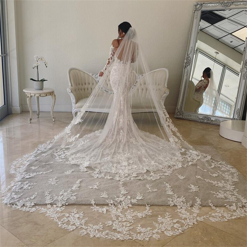 

New 1T Bridal Veil 3m Long Wedding Veils Lace White Ivory Luxurious One Layer Veil for Bride With Comb velos de novia Cathedral
