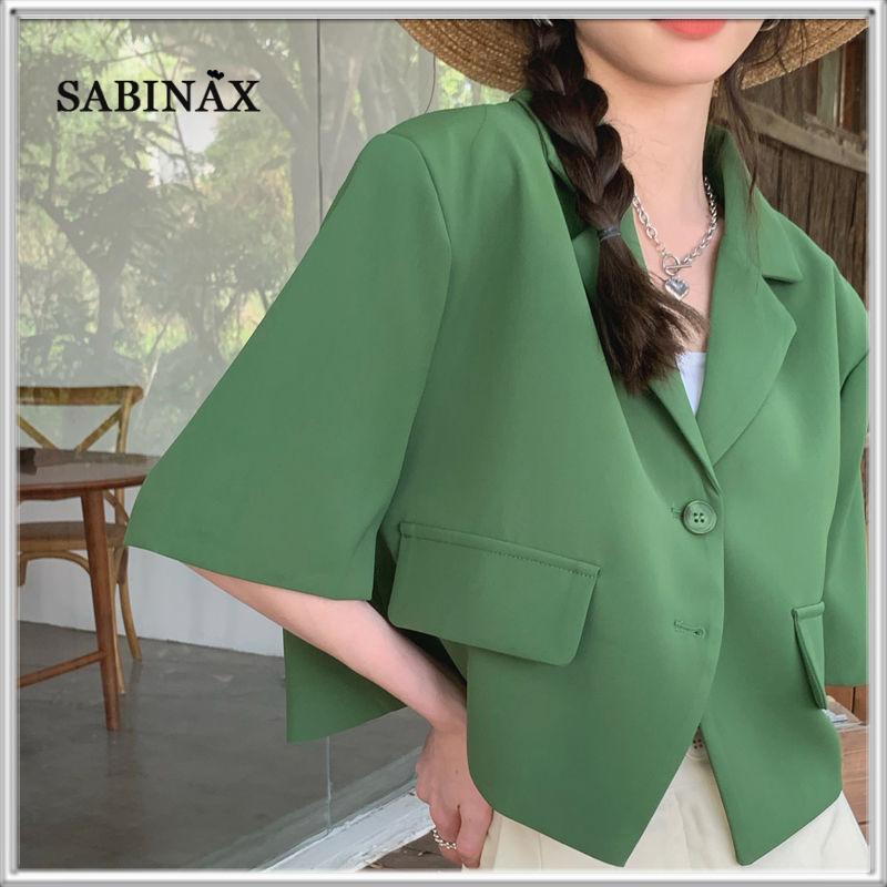 SABINAX Femmes Blazers Printemps Eté Coréen Drapé Solide Vert À Manches Courtes Costume Veste Courte Noir Manteau Vêtements 220818