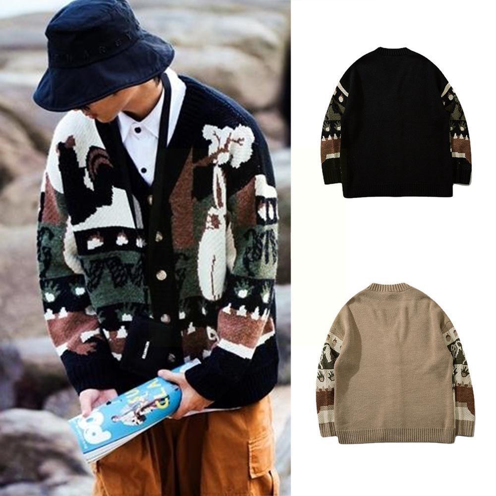 

Vintage Cardigan Sweater Cartoon Pattern Knitted Sweater S-2XL Loose Pullover Couple Tops Hop Streetwear Knitwear Costume, Black