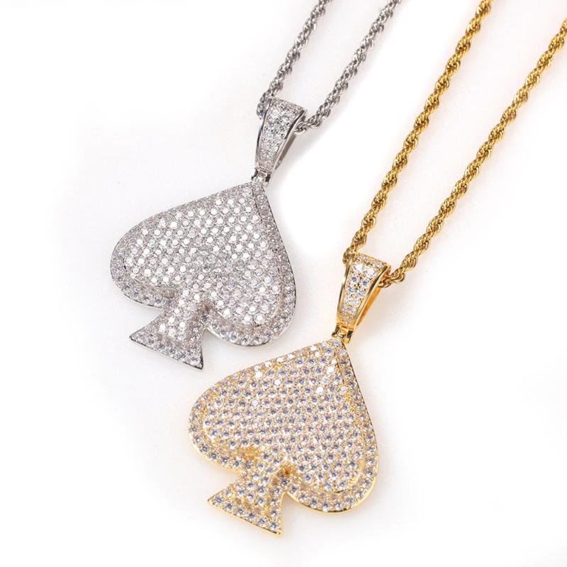 

Pendant Necklaces Hip Hop Full Cubic Zirconia Paved Bling Out Gold Color Poker Spade Pendants Necklace For Men Hiphop Rapper JewelryPendant