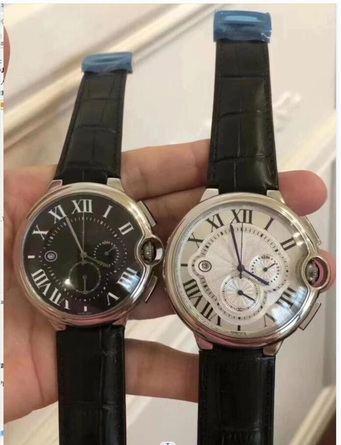 

Men watch Woman Watchs Black and silver dial Quartz movement Chrono Watches Leather strap Full Shell stainless steel wristwatch