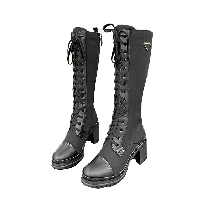 

Winter Women Knee High Boots Black Chunky Heels Lace Up Martin Booties Triangle Motorcycle Designer Boot For Woman, 1# 7.5cm