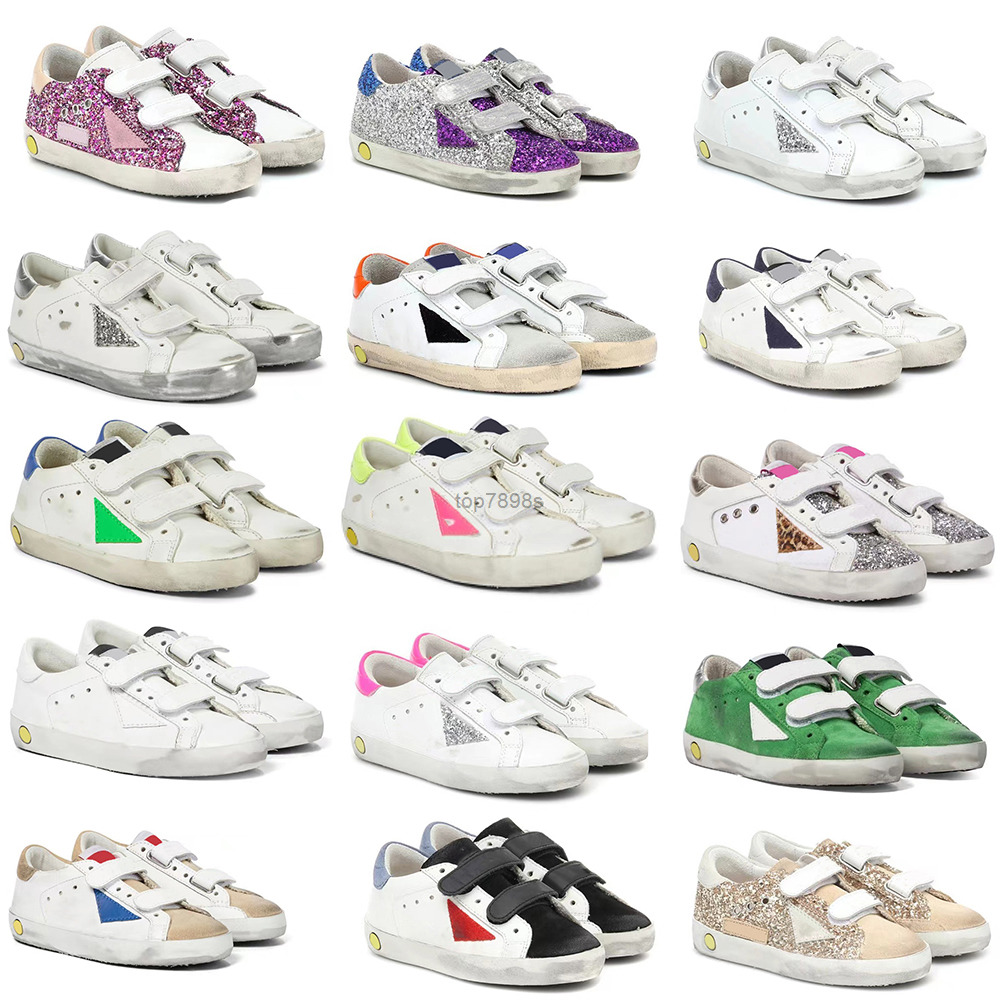 

2022 White Italy kids size children's Casual shoes Classic Do-old Dirty Golden Glitter Hook & Loop Sneakers Leather Super Star Shoe Metal, 33