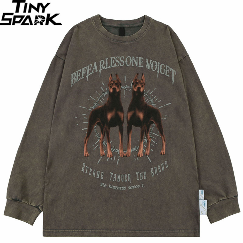 Hommes Streetwear Hip Hop surdimensionné lavé T-Shirt Doberman chien graphique T-Shirt à manches longues coton T-Shirt Harajuku Vintage hauts