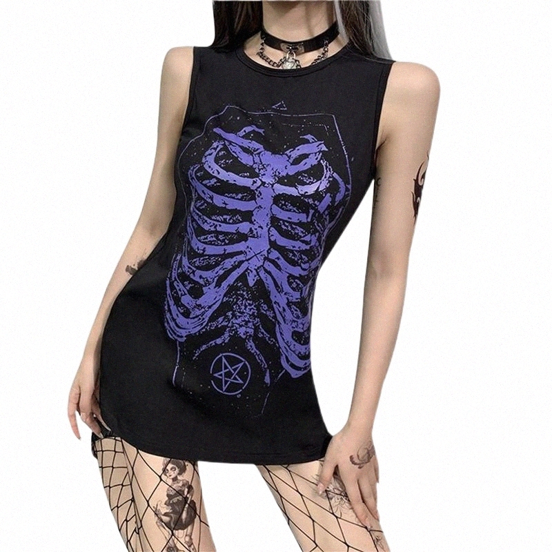 casual Dresses Vintage Dress Goth Sexy Skeleton Print Round Neck Mini Aesthetic Elegant Sleeveless Party Club Wear Punk Style p89E#-image-791103988