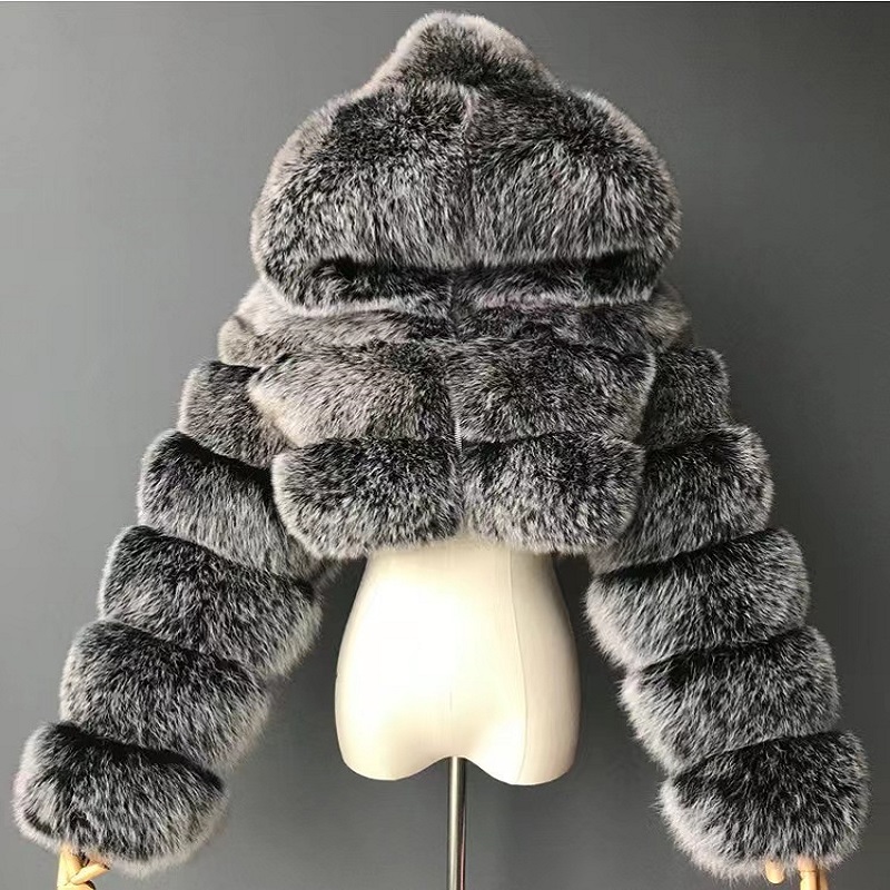 

Women's Fur coats plus size & Faux Fur manufacturers wholesale High Quality Furry Cropped Jackets Women Fluffy Top Coat with Hooded Winter Fur Jacket