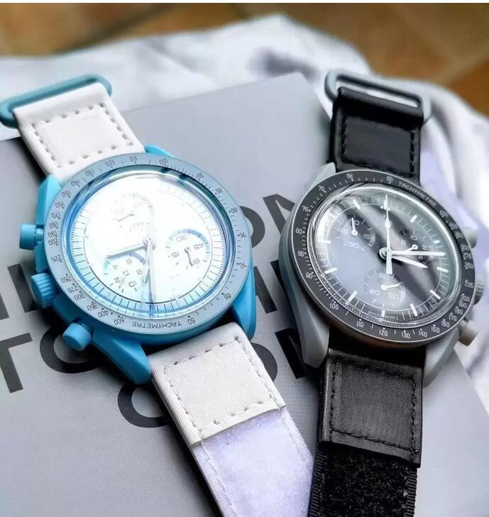 

Mission To Jupiter Mens Watches 42mm Bioceramic Moonswatch Swiss Quqrtz Chronograph SO33C100 Real beige Ceramic Black Nylon Strap wristwatche Edition Puretime B2, Champagne