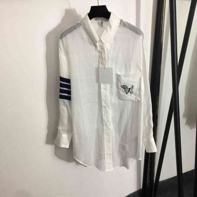 

Designer Womens Casual Shirts Blouses TB Animal Embroidery Pocket Striped Long Sleeve Breathable Cotton Linen Shirt Luxury T-shirts Women Clothing, 10