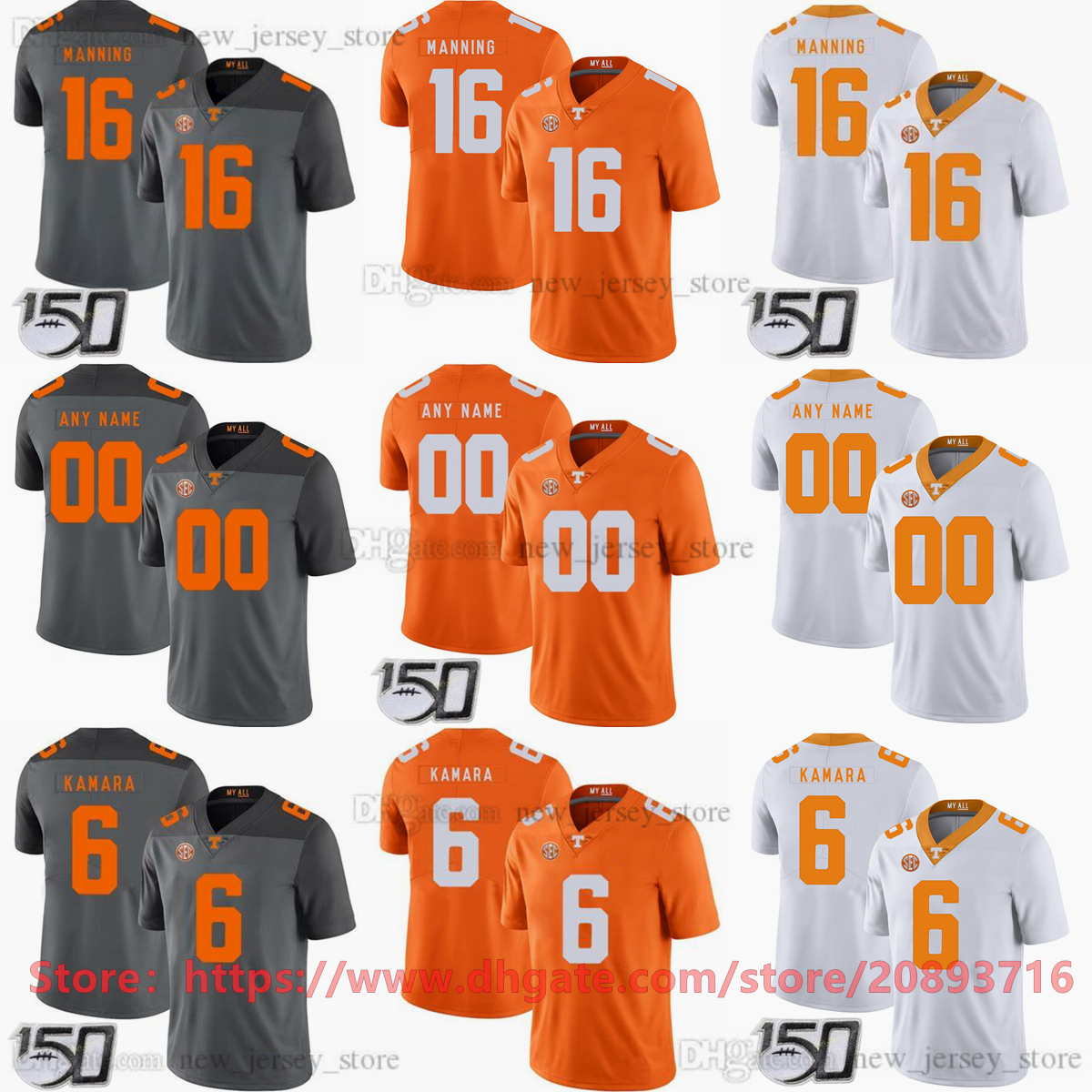 

150th patch BOWL NCAA Football College Men Women Kids Boys Tennessee Volunteers Jersey Youth 6 Alvin Kamara 16 Peyton Manning 92 Reggie White all Stitched name number, As picture
