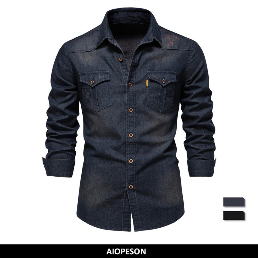 AIOPESON Brand Elastic Cotton Denim Shirt Men Long Sleeve Quality Cowboy Shirts for Men Casual Slim Fit Mens Designer Clothing