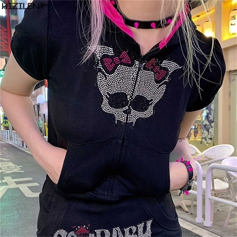 Crâne gothique Streetwear manches courtes noir sweat à capuche zippé Y2k Hip Hop haut court sweat coréen mode Punk Sport manteau 220817
