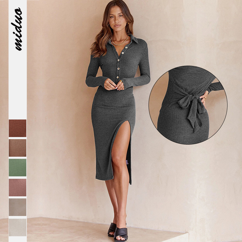 

Autumn Dresses new button slit long sleeve ribbed fashion dress slim fit and slim temperament bag hip midi skirt, Green