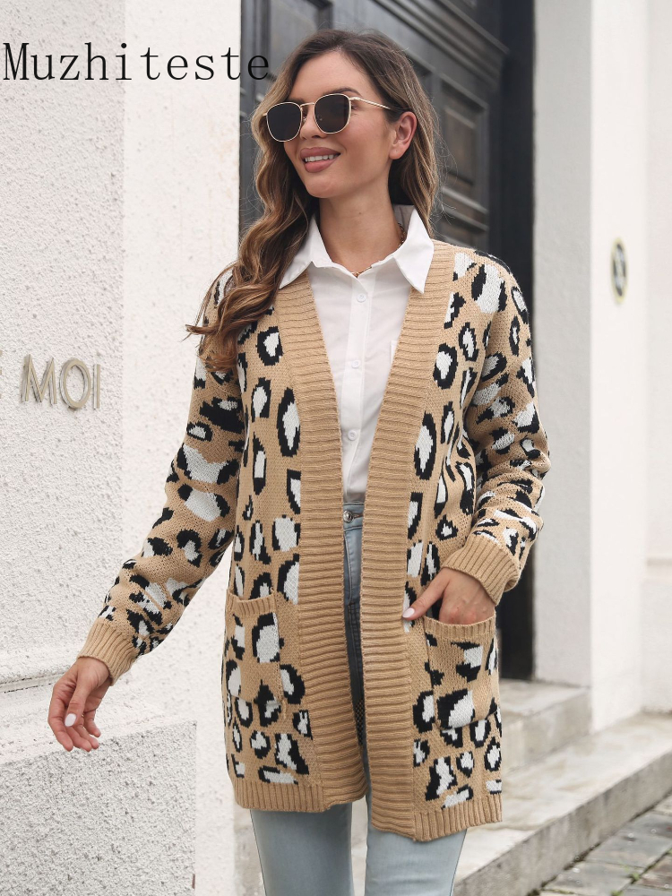 

Fashion Tops 2022 Women Autumn Winter Loose Women Cardigan Sweater Korean Fashion Tops Knitted Cardigan Long Cardigan Women, Leopard