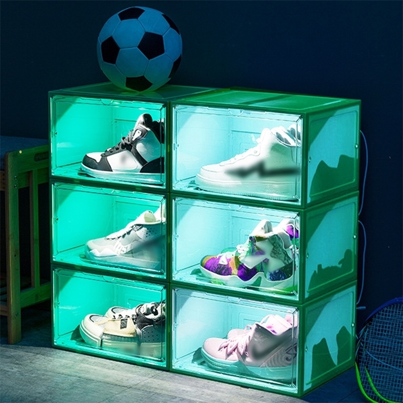 

Shoes Boxes Voice Control LED Sneaker Storage Boxes Magnetic Side Open Shoe Display Case Organizer Clear Plastic Shoe Container 220818