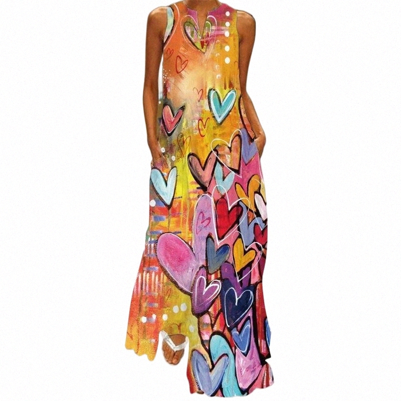 casual Dresses Heart Print Vintage Dress 2021 Party V Neck Summer Sundresses Elegant Women Beach Maxi For J3jA#-image-791102632