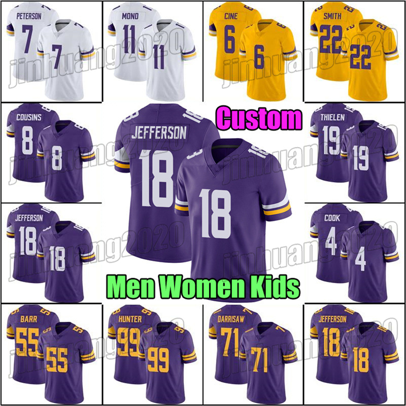 

18 Justin Jefferson Adam Thielen Jersey Football Minnesota Vikings Dalvin Cook Randy Moss Patrick Peterson Harrison Phillips Jerseys Lewis Cine Greg Joseph Mond, Man custom jersey (wjr)
