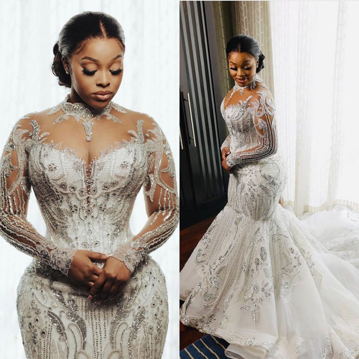 

Luxury Crystals Beaded Mermaid Wedding Dresses Long Sleeves Lace Applique High Neck Sweep Train Custom Made 2023 Plus Size vestido de novia, Dark navy