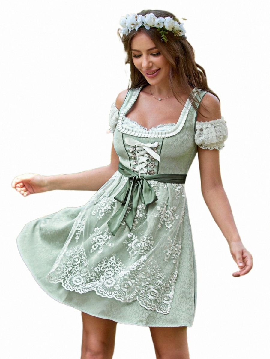 

lace Trim Cold Shoulder Dirndl Dress y9Lb#, Green