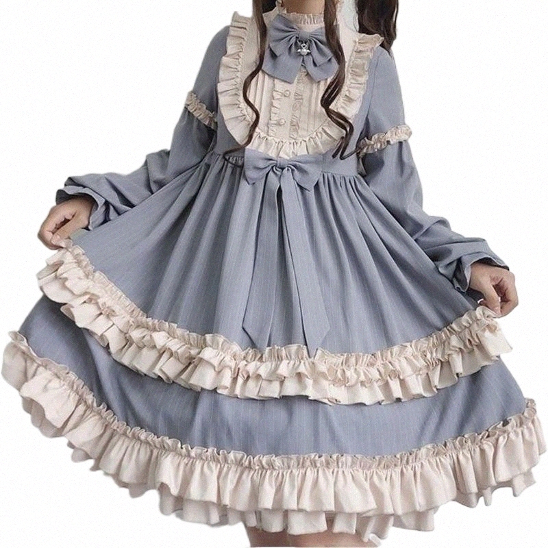 

casual Dresses Lolita Sweet Vintage Dress Women Long Sleeve Costume Kawaii Loose Cute Japanese Style Bow For Girls INS 195C#, Blue