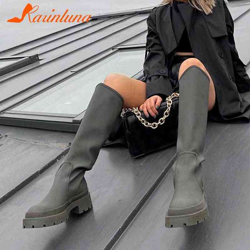 

Boot Brand New Ladie Platform Black Green Fashion Slip on Chunky Med Heel Knee High Women Casual Party Shoe Woman 220805