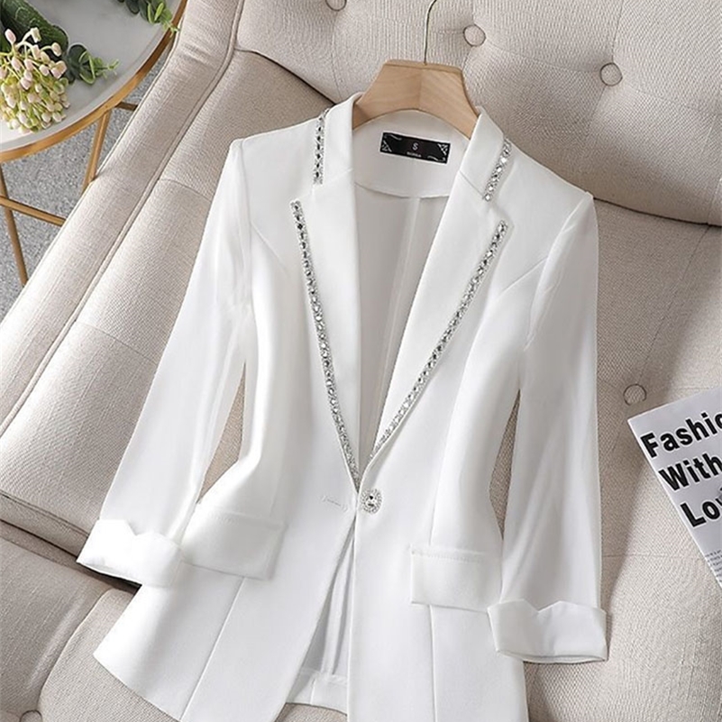 Dames blanc noir Blazer été demi manches mince femmes veste femme Style coréen col en V bureau costume manteau vêtements 220819