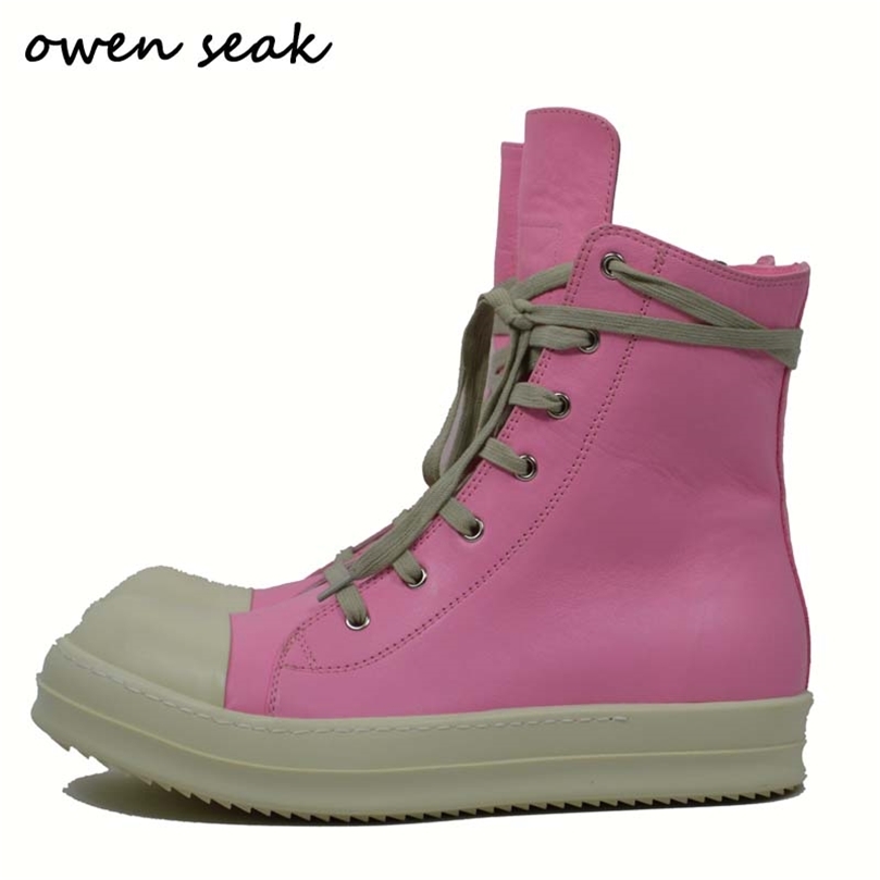 

Owen Seak Women Motorcycle Leather Men High-TOP Luxury Mid-Calf Winter Riding Boots Lace Up Casual Brand Zip Flats Pink Shoes 220818