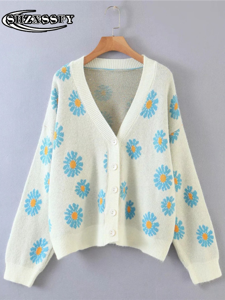 

Sweaters Cardigans Sweet Casual Floral Single Breasted Long Cardigan Women Loose Knitted V-Neck Preppy Style Pink Sweater, White