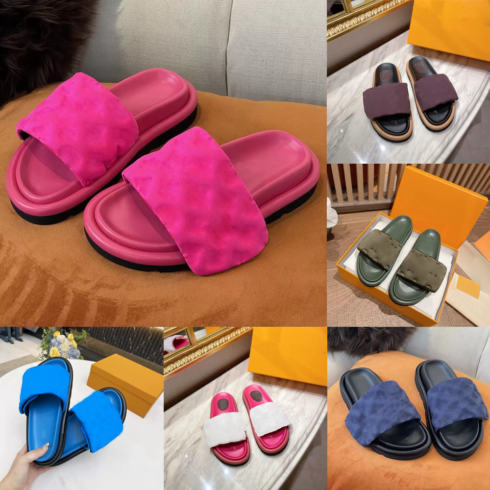Designers Smooth Calfkin Women Sandals Sunset Flat Comfort POOL PILLOW COMFORT Mules Velcro Padded Front Strap Slippers With Box