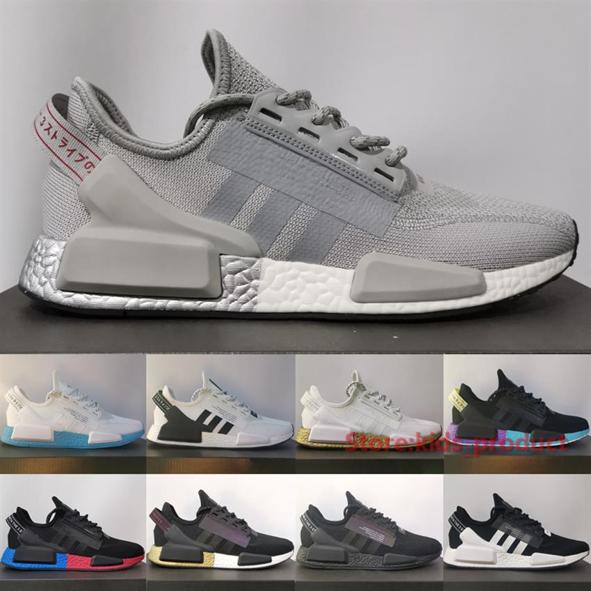 High Quality NMD R1 V2 Grey Two Silver Metallic Running Shoes For Men Women Newest Originals Black Carbon Shock Yellow Sneakers Si339b