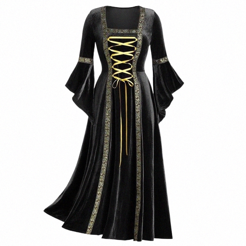 

casual Dresses 2021 Vintage Gothic Bandage Women Dress Flare Sleeve Floor Length Goth Vampire Witch Medieval Renaissance Cosplay q6lw#, Green