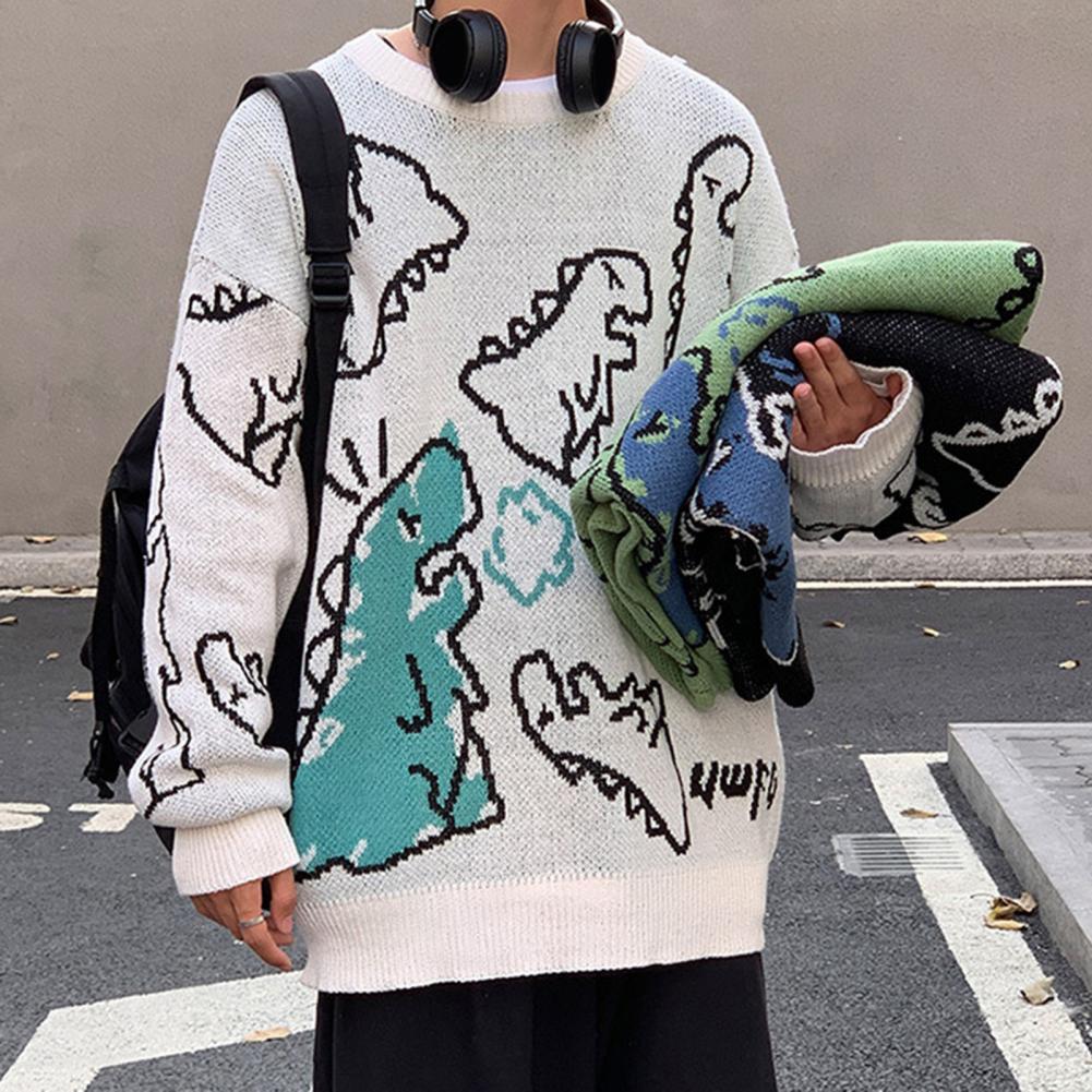 

Men Couple Sweater Round Neck Long Sleeves Elastic Pullover Warm Knitting Cartoon Dinosaur Print Autumn Sweater for Daily Wear, Black