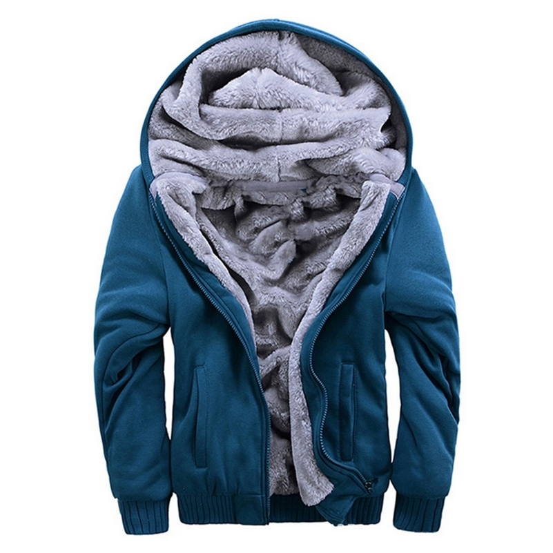 Men s Winter Thick Warm Jacket Solid Color Fleece Zipper Hooded Long Sleeved Coat Parka 220818
