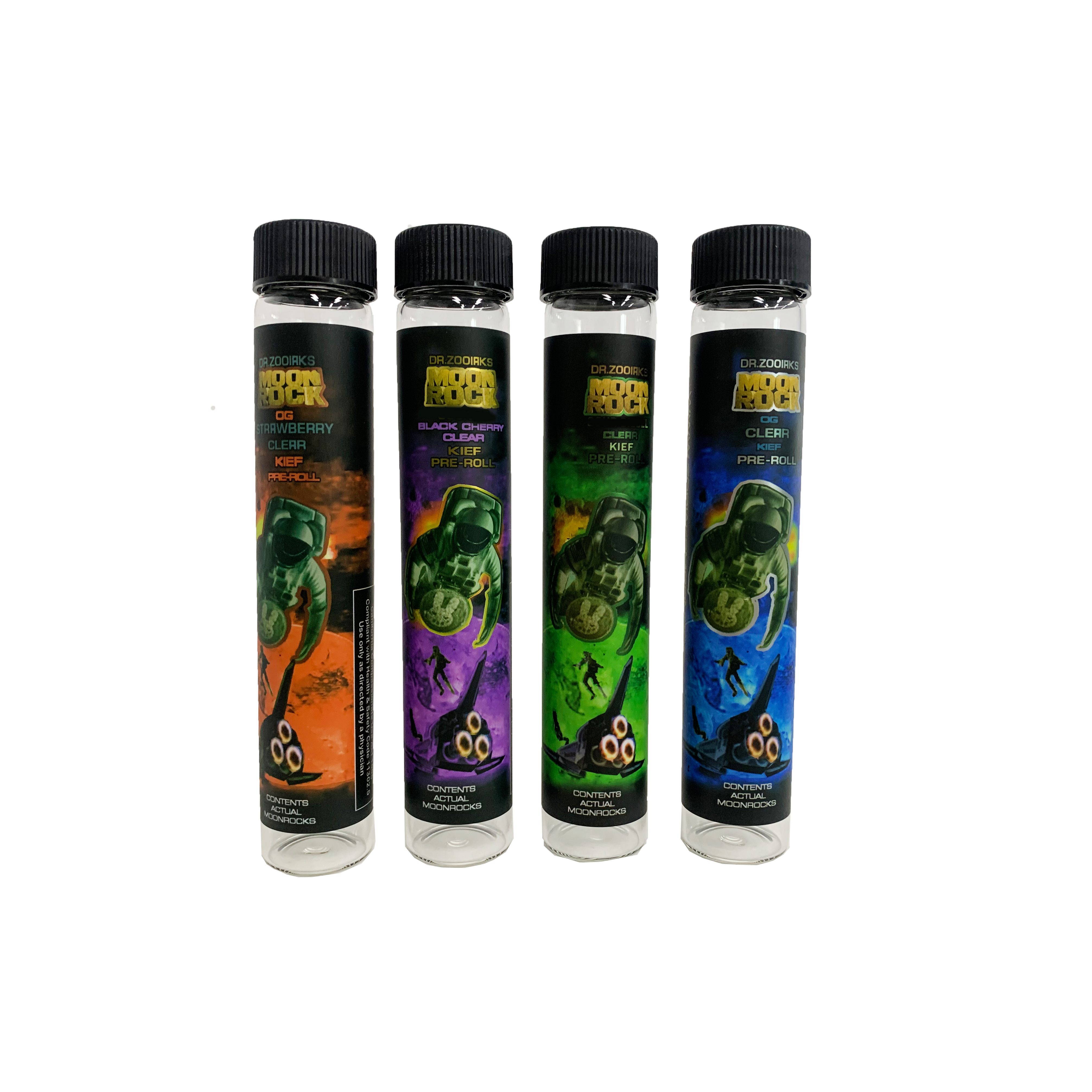 

4 Flavors DR.ZOOIRKS Moon Rock Clear kIEF Pre-roll Connected Blunt Glass Tube Packaging with Black LIDS 1 Gram Joint Container
