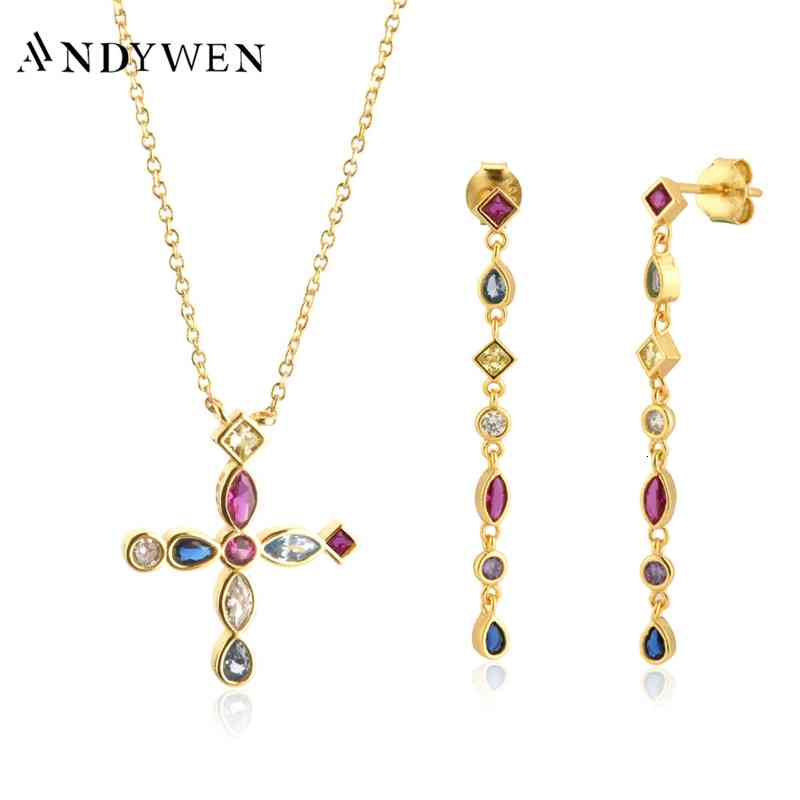 Bracelet Bangle Designer Andywen 925 Sterling Silver Gold Rainbow Cross Zircon Necklace Long Chain Drop Earring 2020 Rock Punk Fashion Fine Jewel