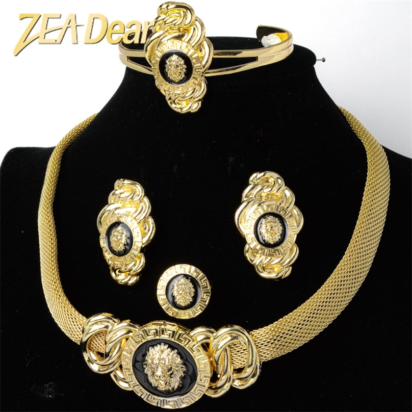 ZEADear Bijoux Ensembles Tête De Lion Noir Huile Or Planté Boucles D'oreilles Collier Bracelet Anneau Pour Les Femmes Classique À La Mode Quotidi