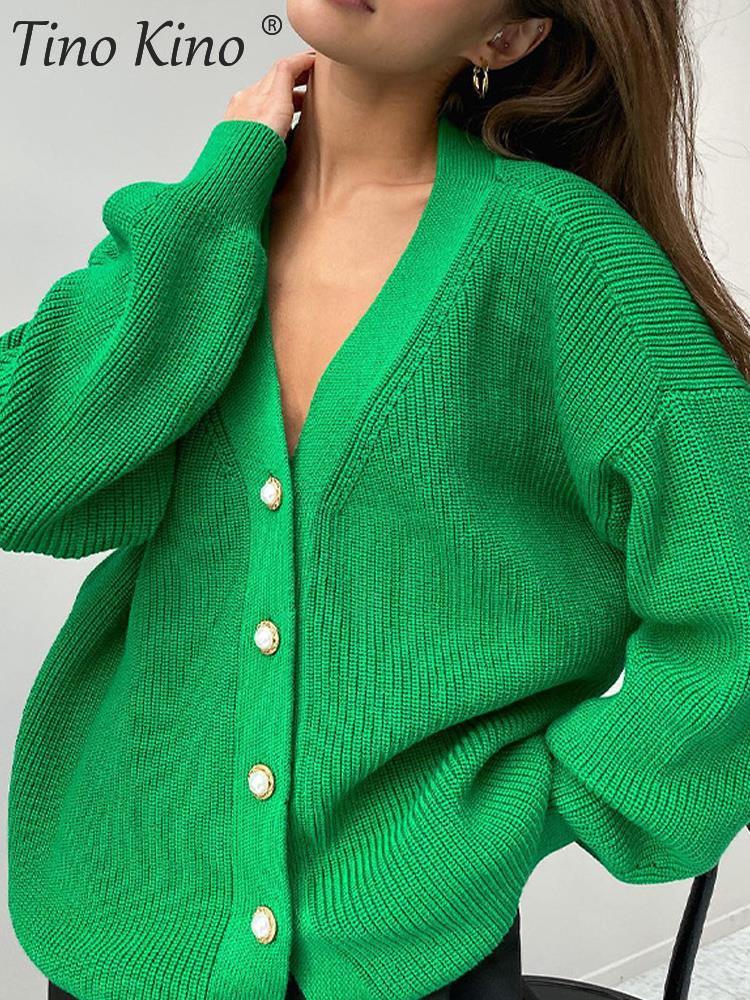 

V-neck Knitted Women Sweater Cardigan Green Single Breasted Elegant Loose Autumn Lady Sweaters Casual Long Sleeve Top Female, White