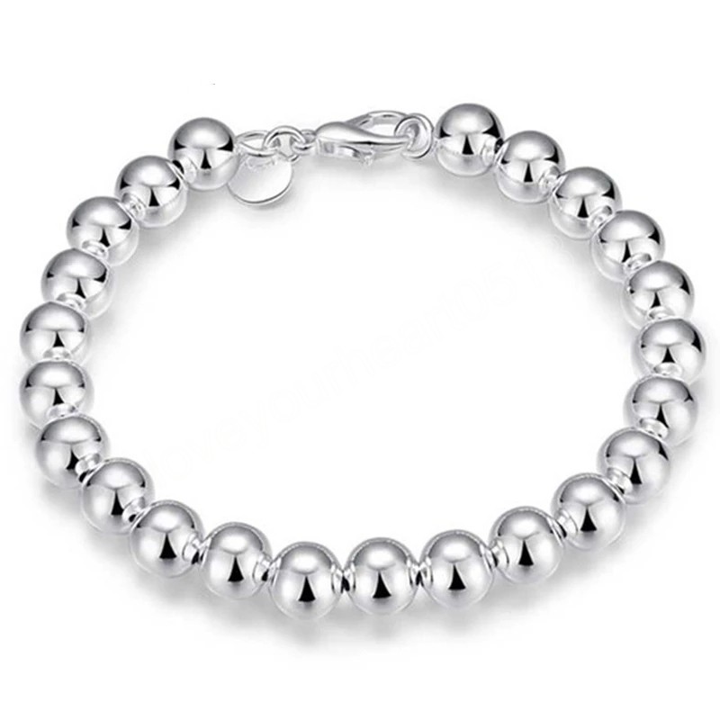 925 Sterling Silver 8mm Smooth Beads Ball Bracelet For Women Wedding Engagement Party Fashion Jewelry