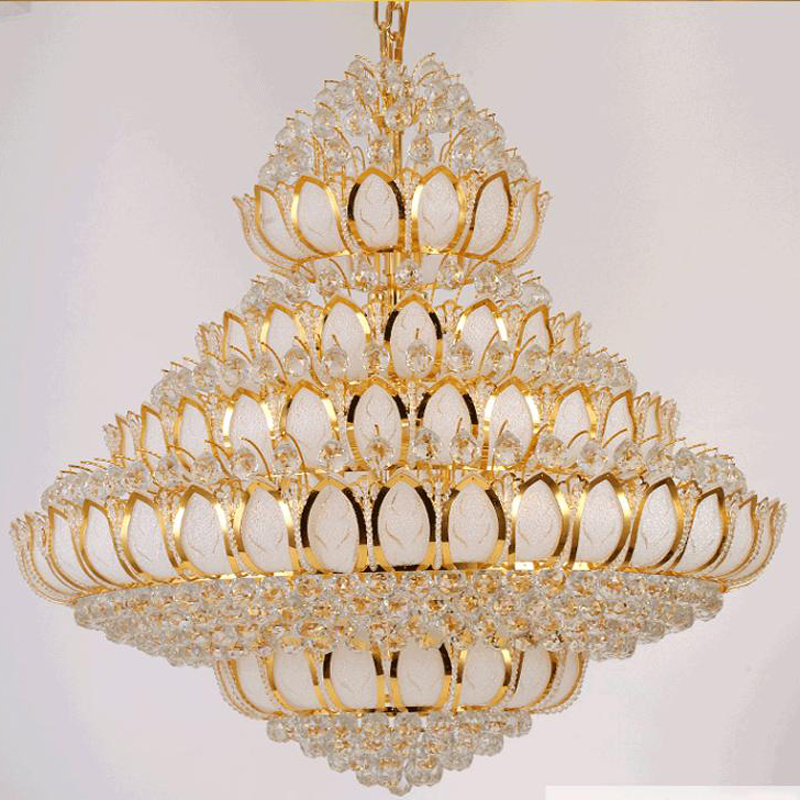 LED Modern Gold Crystal Chandeliers American Golden Lotus Flower Chandelier Lights Fixture Hotel Lobby Villa Home Indoor Lighting Big Stair Case-image-460366144