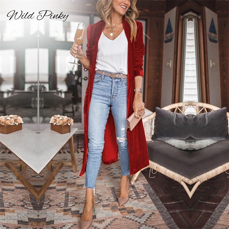 WildPinky mode automne hiver femmes ceinture Cardigan boutons longue veste décontracté couleur unie velours bureau dame élégant manteau 220818