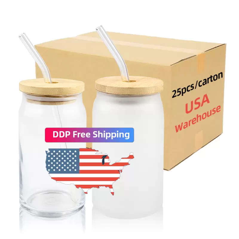 

New 2 days delivery Sublimation Glass Beer Mugs with Bamboo Lid Straw DIY Blanks Frosted Clear Can Tumblers Cups Heat Transfer Cocktail Iced Coffee Soda Whiskey