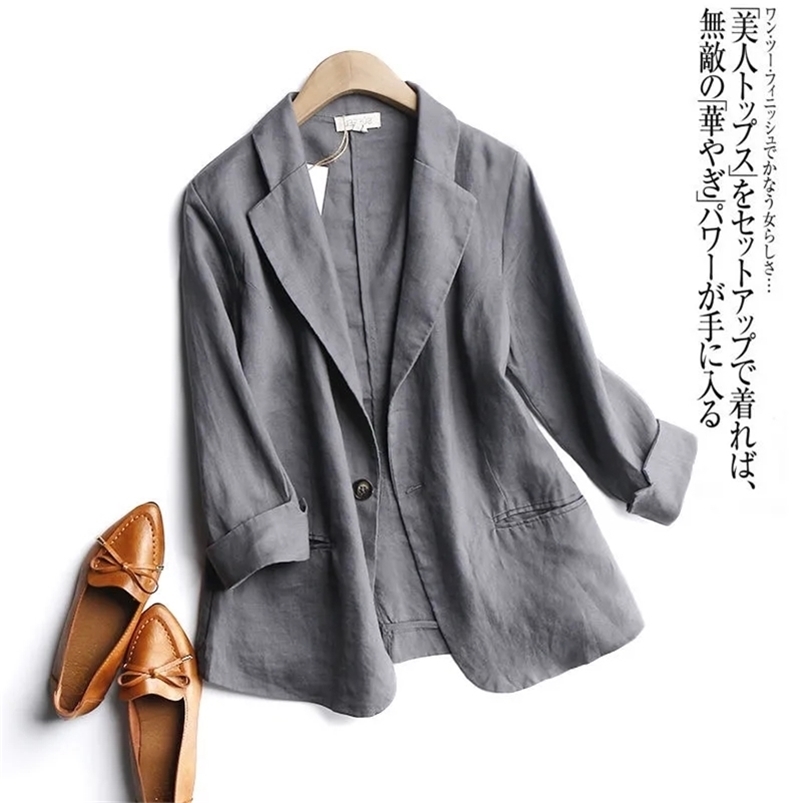 Suit Blazer Basic Cotton Linen Three Quarter Single Button Women s Jacket Spring Korean Fashion Casual Short Jackets Coat 220819