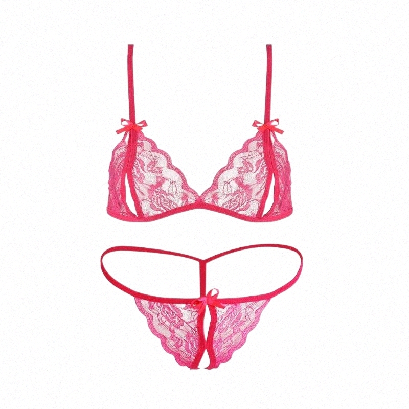 

bras Sets Bombomda Women Sexy Lace Transparent Female Open File Temptation Three-point Lingerie Suit - White 53Xt#, Rose red
